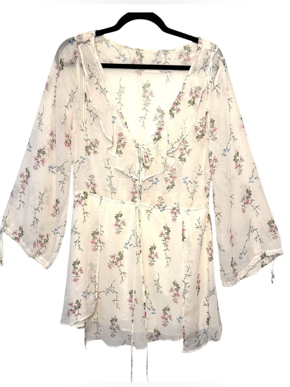 Floral Chiffon Mini Dress Ruffle V Neck Boho Cottagecore Medium
